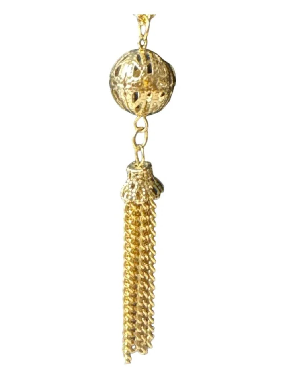 Vintage Gold Tone Tassel Pendant Necklace – 24 Inch Chain – Filigree Bead Drop